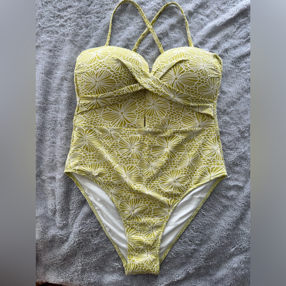 Green jacquard floral berlook Swim One Piece - Picture 3 of 5